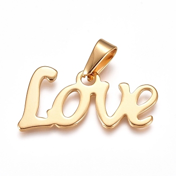 2Pcs 304 Stainless Steel Pendants, Valentine's Day, Word Love, Golden, 16x34.5x1.5mm, Hole: 10x4.5mm