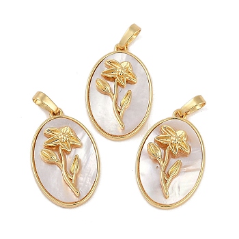 Rack Plating Brass Pave Shell Oval Pendants, Birth Flower Charms, Real 18K Gold Plated, Long-Lasting Plated, Lead Free & Cadmium Free, Seashell Color, 25.5x16x4.5~5.5mm, Hole: 5.5x3mm