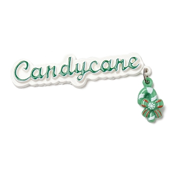 Christmas Theme Opaque Resin Cabochons, with Platinum Tone Iron Loops, Candy Cane, Medium Sea Green, 76x40x7mm