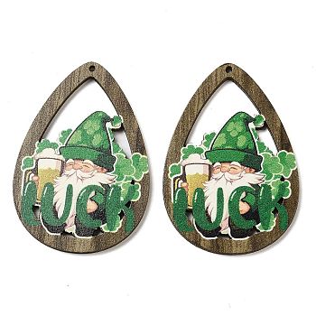 Saint Patrick's Day Single Face Printed Wood Big Pendants, Teardrop Charms with Gnome, Green, 54x38x2.5mm, Hole: 1.5mm
