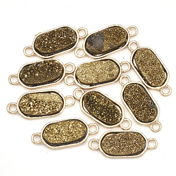 Plating AB Natural Druzy Agate Links connectors, with Brass Findings, Dyed, Oval, Golden, Dark Goldenrod, 22x9x3~4mm, Hole: 2mm