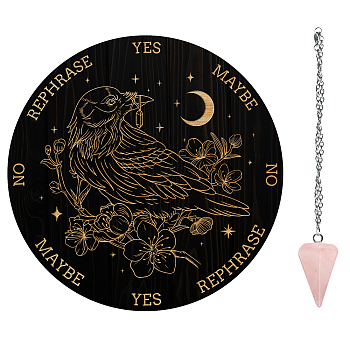 AHADEMAKER 1Pc Cone/Spike/Pendulum Natural Rose Quartz Stone Pendants, 1Pc 304 Stainless Steel Cable Chain Necklaces, 1Pc PVC Custom Pendulum Board, Dowsing Divination Board, Raven Pattern, Board: 200x4mm