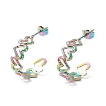 304 Stainless Steel C-shape Stud Earrings, Heart Wrap Half Hoop Earrings for Women, Rainbow Color, 19.5x25x8mm, Pin: 0.8mm