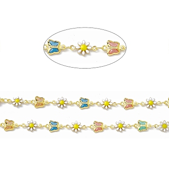 Handmade Glass Butterfly & Enamel Daisy Flower Link Chains, with Real 18K Gold Plated Brass Findings, Soldered, with Spool, Colorful, Butterfly: 7x11x2mm, Flower: 7.5x12.5x2mm