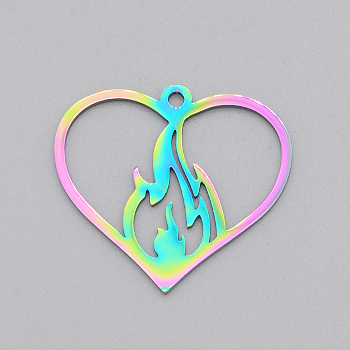 Ion Plating(IP) 201 Stainless Steel Pendants, Laser Cut, Heart with Flame, Rainbow Color, 25.5x28x1mm, Hole: 1.8mm