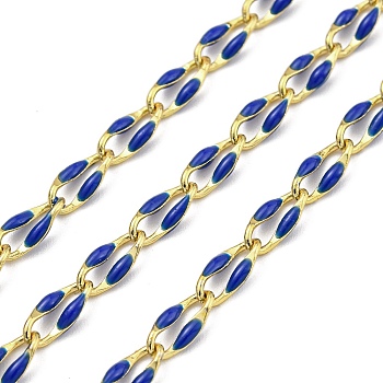 Ion Plating(IP) Brass Dapped Chains, Cable Chains with Enamel, Real 18K Gold Plated, Soldered, with Spool, Flat Oval, Royal Blue, 8.5x4x1.5mm, about 32.81 Feet(10m)/Roll