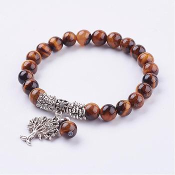 Natural Tiger Eye Stretch Bracelets, with Tibetan Style Pendants,  2 inch(51mm)
