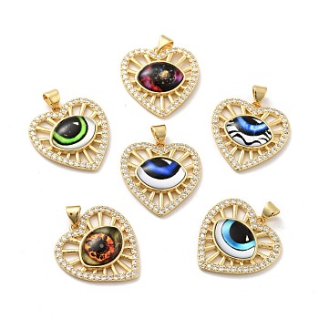 Heart Brass Micro Pave Clear Cubic Zirconia Pendants, with Resin Eyeball, Cadmium Free & Nickel Free & Lead Free, Real 18K Gold Plated, Mixed Color, 24x23x5mm, Hole: 3.5x5mm
