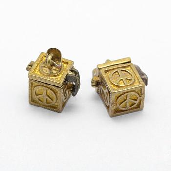 Brass Prayer Box Pendants, Lead Free & Cadmium Free & Nickel Free, Cube with Peace Sign, Raw(Unplated), 18x11.5x17mm, Hole: 4x6mm, Inner: 8x8mm