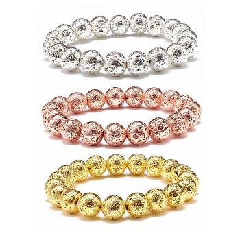 3Pcs 3 Colors Natural Lava Rock Stretch Bracelets Set, Anti Depression and Anxiety Relief Items Gifts for Girl Women, Mixed Color, Bead: 10.5mm, Inner Diameter: 2-1/8 inch(5.3cm)