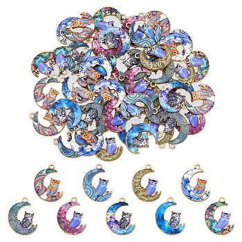 54Pcs 9 Styles Alloy Printed Pendants, Cadmium Free & Nickel Free & Lead Free, Moon with Owl, Mixed Color, 20.5x16x1.5mm, Hole: 1.5mm, 6pcs/style