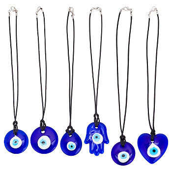 6Pcs 6 Styles Turkish Blue Evil Eye Glass Pendants Decorations, with Waxed Cord Hanging Car Interior Decoration, Mixed Shapes, 224~239mm, 1pc/style