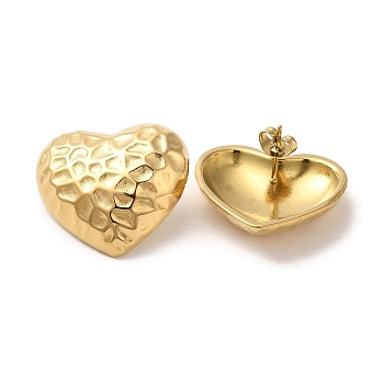 Ion Plating(IP) 304 Stainless Steel Stud Earrings, Textured Heart, Golden, 22x25mm
