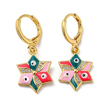 Real 18K Gold Plated Brass Dangle Leverback Earrings, with Enamel and Cubic Zirconia, Evil Eye, Pearl Pink, 30.5x13mm