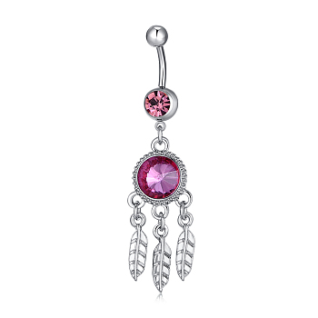 Piercing Jewelry, Brass Cubic Zirconia Navel Ring, Belly Rings, with 304 Stainless Steel Bar, Lead Free & Cadmium Free, Flat Round with Leaf, Fuchsia, Platinum, 63x16mm, Bar Length: 3/8"(10mm), Bar: 14 Gauge(1.6mm)