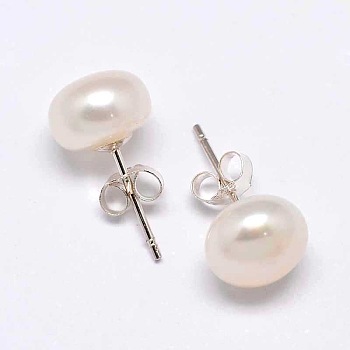 Mother's Day Gift Natural Pearl Half Round Ear Studs, with 925 Sterling Silver Pins and Ear Nuts, Antique White, 10x7mm, Pin: 0.7mm