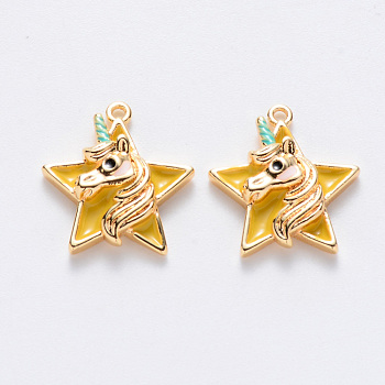 Brass Enamel Pendants, Nickel Free, Star with Unicorn, Real 18K Gold Plated, Yellow, 15.5x14x3.5mm, Hole: 1mm