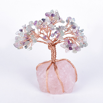 Natural Fluorite Chips and Rose Quartz Pedestal Display Decorations, Healing Stone Tree, for Reiki Healing Crystals Chakra Balancing, with Rose Gold Tone Aluminum Wires, Lucky Tree, 120~150x65~80x52~72mm