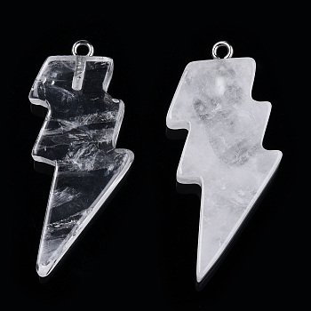 Natural Quartz Crystal Pendants, Rock Crystal Pendants, Lightning Bolt Charm, with Stainless Steel Color Tone 304 Stainless Steel Loops, 40~44.5x17~20x4.5~6mm, Hole: 2mm