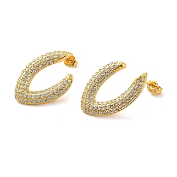 Brass Micro Pave Clear Cubic Zirconia Stud Earrings for Women, Letter C, Real 16K Gold Plated, 25.5x18mm