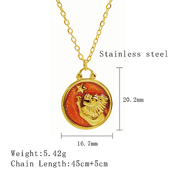 Stainless Steel Enamel Constellation Pendant Necklaces, Real 18K Gold Plated, Leo, 17.72 inch(45cm), Pendant: 20.2x16.7mm