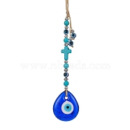 Blue Resin Evil Eye Pendant Decorations, Cross Synthetic Turquoise Lucky Eye Ornament with Glass Beads, Teardrop, 220~310mm, Pendant: 120x30x7mm(HJEW-JM01442-01)