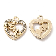 UV Plating Alloy Pendants, with Crystal Rhinestone, Heart with Word Love Charms, Golden, 14.5x13.5x2mm, Hole: 1.5mm(ALRI-M020-13G)