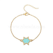 Glass Seed Beaded Star Link Bracelet with Golden Stainless Steel Cable Chains, Aquamarine, 7-7/8 inch(20cm)(NK2955-1)