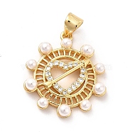 Brass Micro Pave Clear Cubic Zirconia Pendants, with ABS Plastic Imitation Pearl, Golden, Flat Round with Heart & Arrow Charm, Snow, 22x20.5x2mm, Hole: 3.4x4.5mm(KK-M235-14G)