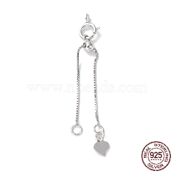 Rhodium Plated 925 Sterling Silver Ends with Chains, Spring Clasps, Slide Bead and Heart Charms, Real Platinum Plated, 39mm, Hole: 1.8mm(STER-P050-04P)