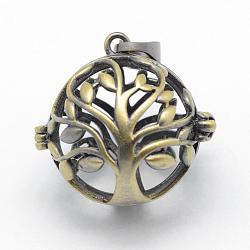 Brass Rack Plating Cage Pendants, For Chime Ball Pendant Necklaces Making, Lead Free & Cadmium Free, Round with Tree, Brushed Antique Bronze, 24.5x26x21mm, Hole: 4x8mm, Inner: 18mm(KK-F722-43AB-RS)