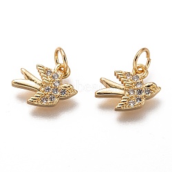 Brass Micro Pave Clear Cubic Zirconia Charms, Long-Lasting Plated, with Jump Ring, Bird, Golden, 9x12x2mm, Hole: 3mm(ZIRC-C020-48G)
