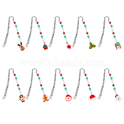 CHGCRAFT 1 Set Christmas Theme Resin Pendant Bookmarks, Flower Pattern Tibetan Style Alloy Hook Bookmark, Holly Leaf/Santa Claus/Reindeer, Mixed Color, 135~142mm, 10 style, 1pc/style, 10pcs/set(AJEW-CA0003-82)