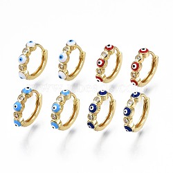 Clear Cubic Zirconia Evil Eye Huggie Hoop Earrings with Enamel, Brass Jewelry for Girl Women, Real 18K Gold Plated, Nickel Free, Mixed Color, 15x17x4mm, Pin: 1mm(EJEW-N015-18)