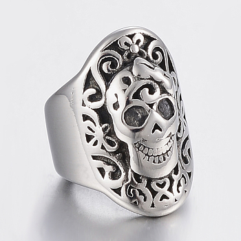 304 Stainless Steel Beads, Large Hole Beads, Skull, Antique Silver, 15.5x11x13mm, Hole: 8mm