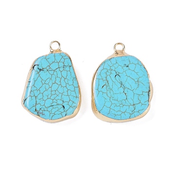 Synthetic Turquoise Pendants, with Brass Findings, Nuggets Charms, Golden, 31~36x22~24.5x6~7mm, Hole: 3mm