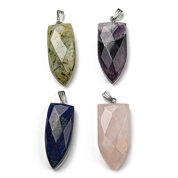 Natural Mixed Gemstone Pointed Pendants, Faceted Bullet Charms with Platinum Tone 201 Stainless Steel Snap on Bails, 42~42.5x17.5~18.5x8~8.5mm, Hole: 8.2x3mm