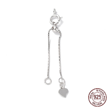 Rhodium Plated 925 Sterling Silver Ends with Chains, Spring Clasps, Slide Bead and Heart Charms, Real Platinum Plated, 39mm, Hole: 1.8mm