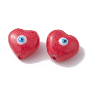Glass Beads, with Enamel, Heart with Evil Eye Pattern, Red, 10.5x11x7mm, Hole: 1mm