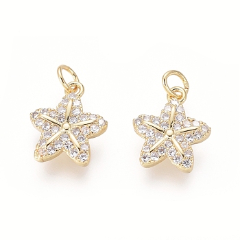 Brass Charms, with Clear Cubic Zirconia and Jump Rings, Starfish/Sea Stars, Golden, 11.5x9.5x2mm, Hole: 2.5mm