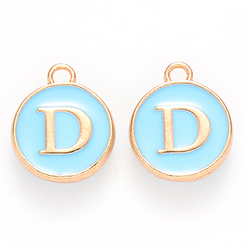 Golden Plated Alloy Enamel Charms, Cadmium Free & Lead Free, Enamelled Sequins, Flat Round, Sky Blue, Letter.D, 14x12x2mm, Hole: 1.5mm