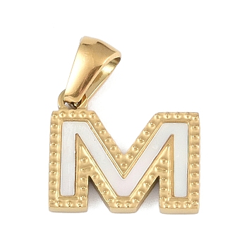 Natural White Shell Alphabet Charms, Ion Plating(IP) Real 18K Gold Plated 304 Stainless Steel Charms, Letter M, 12.5x14.5x1.5mm, Hole: 5x3mm