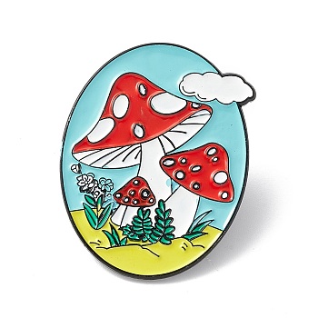 Oval with Mushroom Enamel Pin, Alloy Brooch for Backpack Clothes, Electrophoresis Black, Colorful, 32x25x1.5mm