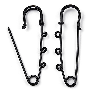 Spray Painted Iron Brooch Findings, Kilt Pins with Triple Loops, Black, 59x18x6mm, Hole: 2mm