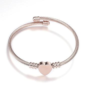 316 Surgical Stainless Steel Torque Bangles, Heart, Rose Gold, 2-1/4 inch(57mm)