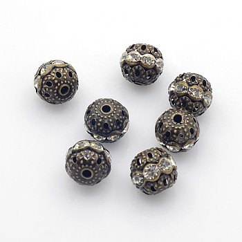 Brass Rhinestone Beads, Grade A, Nickel Free, Antique Bronze Metal Color, Round, Crystal, 10mm in diameter, Hole: 1.2mm