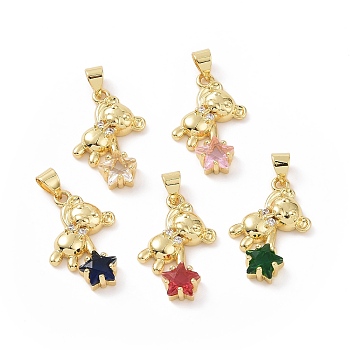 Brass Micro Pave Cubic Zirconia Pendants, Bear with Star Charm, Golden, Mixed Color, 27x15x4.5mm, Hole: 5x4mm