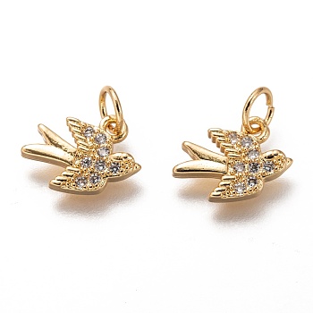 Brass Micro Pave Clear Cubic Zirconia Charms, Long-Lasting Plated, with Jump Ring, Bird, Golden, 9x12x2mm, Hole: 3mm