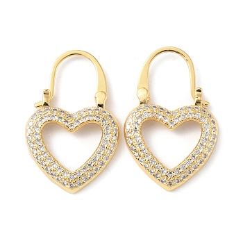 Clear Cubic Zirconia Hollow Heart Hoop Earrings, Brass Jewelry for Women, Cadmium Free & Lead Free, Real 18K Gold Plated, 27x17x3mm, Pin: 1x0.7mm