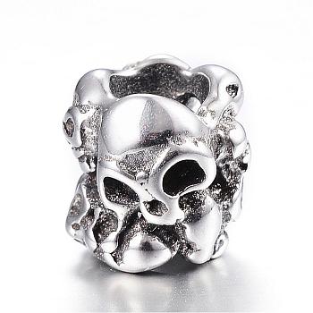 316 Surgical Stainless Steel European Beads, Skull, Large Hole Beads, Hollow, Antique Silver, 9x9mm, Hole: 4.5~5mm
